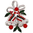 Christmas Bells Brooch With Diamante Stone - Silver (3x3cm)