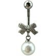 Crystal Bow With Pearl Ball Design Belly Bar - Silver - 30mm