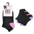 Girls Black Trainer Socks Coloured Heel & Toe(3 Pair Pack)-Assorted Sizes 