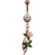 Green Dangly Flower Design Belly Bar - Rose Gold  - 50mm