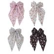 Large Satin Fabric  Floral Print Hair Bows on Barrette Clip With Tail 