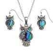 Natural Paua Shell Owl Pendant Necklace & Hook Earrings Set