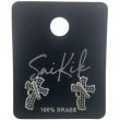 Cross Stud Earrings with Textured Bumps and Silver Line Detail
