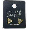Gold Triangle Stud Earrings with Silver Pyramid and Eye Detail