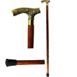 Wooden Derby Branch Walking Stick Carved Flower Pattern With Metal Crutch Handle - Gold/Brown
