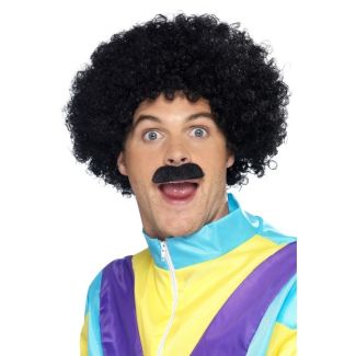 Scouser Curly Wig & Tash Set - Black