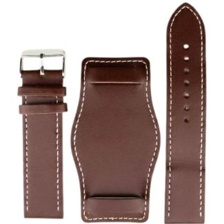 Military Style Brown Leather Bund Watch Strap with Contrast Stitch - 20mm