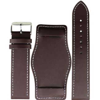 Military Style Dark Brown Leather Bund Watch Strap with Contrast Stitch - 22mm