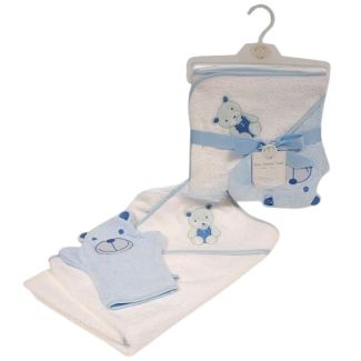 Baby Boys Hooded Towel & Wash Mitten Set - White & Sky Blue