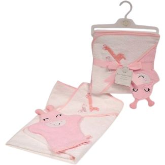 Baby Girls Hooded Towel & Wash Mitten Set - White & Pink