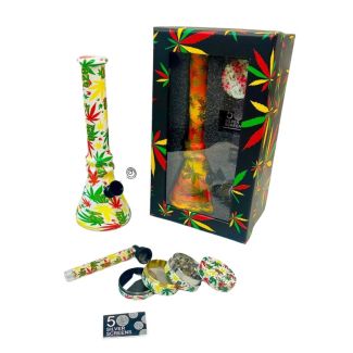 D&K Glass Waterpipe Rasta Leaf 420 - Gift Set (8 inches)