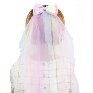 Glitter Rainbow Hair Bow With Fork Clip and Net Veil - Assorted - 9cm