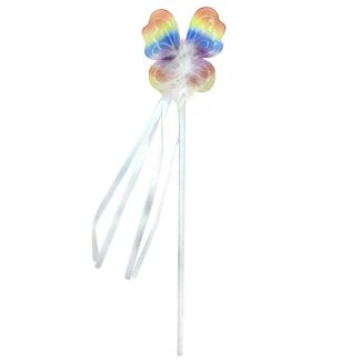 Wholesale Rainbow Coloured Net Butterfly Wand with White Feather and Ribbon