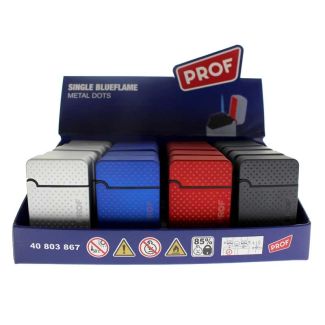 PROF Single Blue Flame Refillable Lighter - Metal Dots (Assorted Colours)