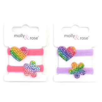 2pcs Rainbow Diamante Heart and Flower Jersey Elastics - 7mm x 2.5cm