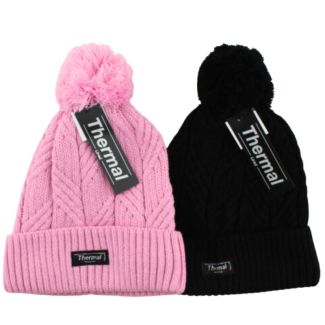 Ladies Plain Chunky Knitted Bobble Hats - Assorted Colours 