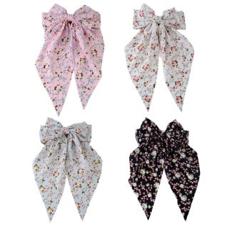 Floral Satin Hair Bows With Tail on Barrette Clip - Assorted - 20cm