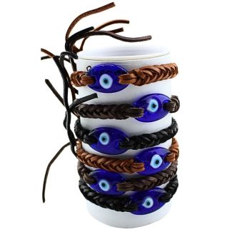 Leather Bracelets Blue All Seeing Eye Design - Assorted (12 Pieces)