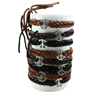 Leather Bracelets Peace Symbol Design - Assorted (12 Pieces)