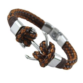 Men's Plaited Leather Bracelet "Anchor Design" - Brown