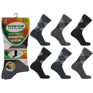 Men's Flexi-Top Non-Elastic Extra Wide Diabetic Socks (3 Pack) - Assorted 