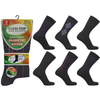Men's Non-Elastic Flexi-Top Diabetic Socks (3 Pack) - Assorted Design 