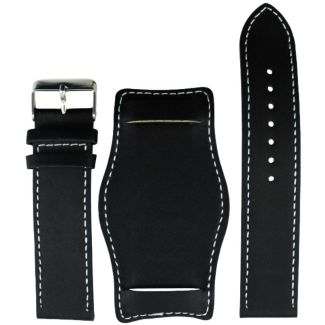 Military Style Black Oval Leather Bund Watch Strap - 20mm