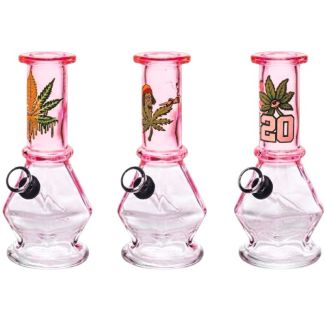 Mini Glass Water Pipe 'Clear & Pink'  With Assorted Stickers (6inch)