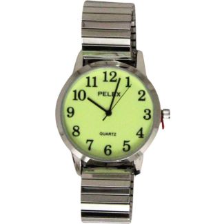 Pelex Ladies Round Glow In The Dark Metal Expander Strap Watch - White & Silver