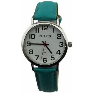 Pelex Unisex Round Dial Leather Strap Watch - Turquoise/Silver