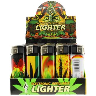 Wholesale PUF Electronic Refillable Lighter Rasta Leaves Design - Assorted 