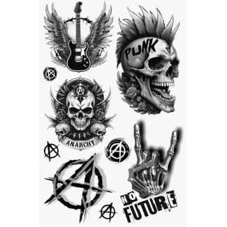 Punk Themed Temporary Tattoo Sheet - Skulls & Guitars