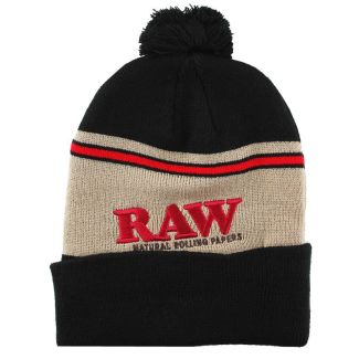 RAW Striped Black & Natural Bobble Beanie Hat with Embroidered Logo