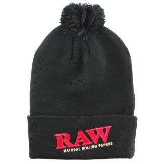 RAW Embroidered Logo Black Bobble Beanie Hat