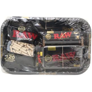 RAW 7pcs Black Metal Rolling Tray Smoking Gift Set - 27 x 17cm