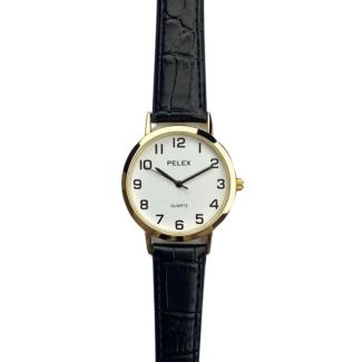 Men's Leather Strap Watch With Round Dial - Black & Gold
