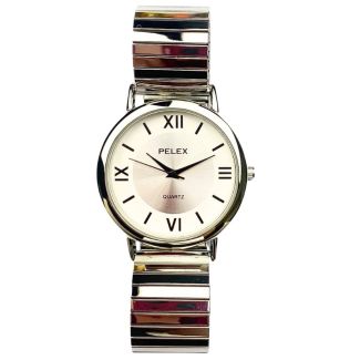 Pelex Men's Metal Expander Strap Watch With Round Dial - Silver & White