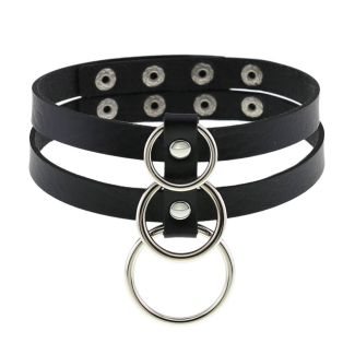 Vegan Leather Choker Double Circle Cage With Rings 