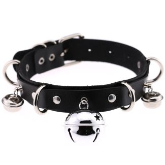 Vegan Leather Choker With Rings & Bells 