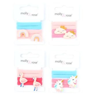 4pcs Assorted Jersey Hair Elastics Ponios - Rainbow, Unicorn & Flamingo Designs