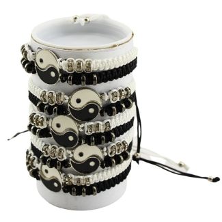 Wholesale Leather Bracelet - Black & White Ying Yang Design (12 Pieces) 