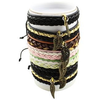 Wholesale Leather Bracelet - Leaf Design (12 Pieces)