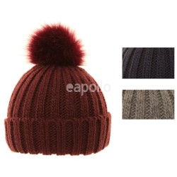 Chunky Knit Ladies Bobble Hat With Wide Turn Up - Assorted 