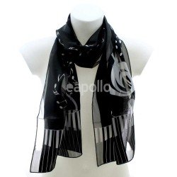 Wholesale Ladies Satin Stripe Scarf - Piano and Music Notes (Black & Silver)