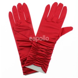 Ladies Short Ruched Satin Gloves - Red