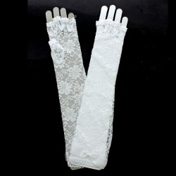 Long Fingerless Lace Gloves With Bow - White
