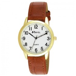 Wholesale Ravel Mens Classic Faux Leather Strap Watch - Brown & Gold 