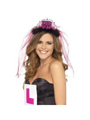 Bride To Be Tiara With Veil, Black, With Pink Lettering