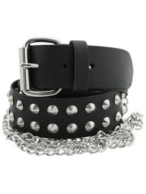 Leather 2 Row Conical Studded Belt With Chain Black (M) Wholesale