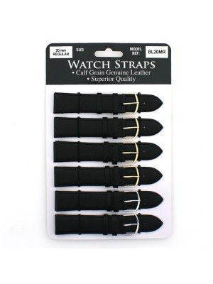 Calf Grain Black Leather Regular Watch Straps - Asst. Buckles - 20mm
